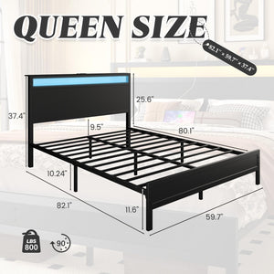 Queen Bed Frame with LED Headboard, Charging Station & Under-Bed Storage