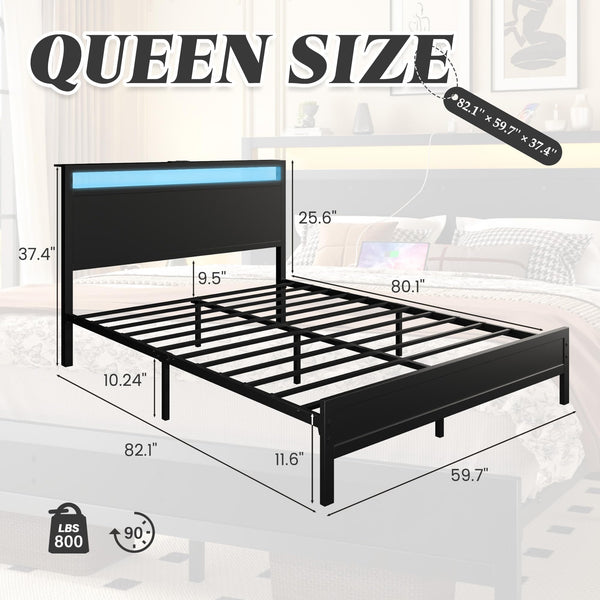 Queen Bed Frame with LED Headboard, Charging Station & Under-Bed Storage