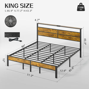 King Size Bed Frame with Charging Station & LED Lights