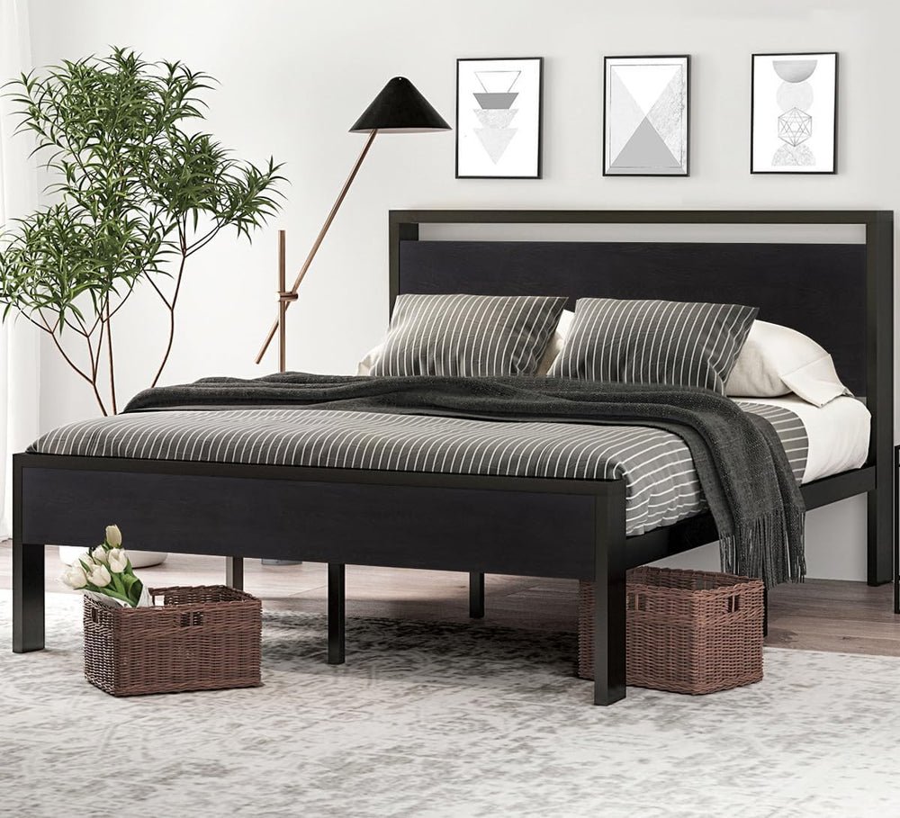 Metal Platform Bed Frame with Wooden Headboard & Footboard