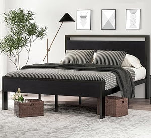 Metal Platform Bed Frame with Wooden Headboard & Footboard