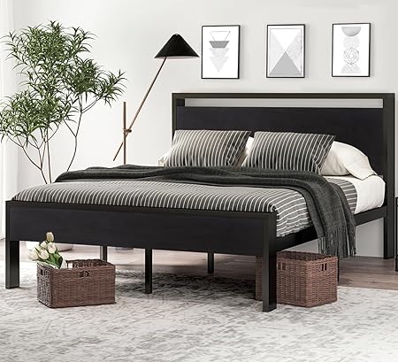Metal Platform Bed Frame with Wooden Headboard & Footboard