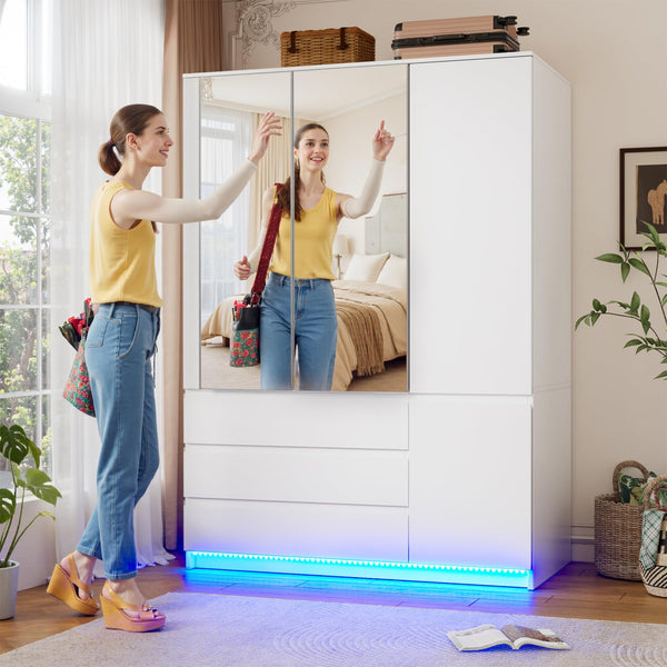 3-Door Wardrobe Closet with Mirror, LED Lights & Drawers