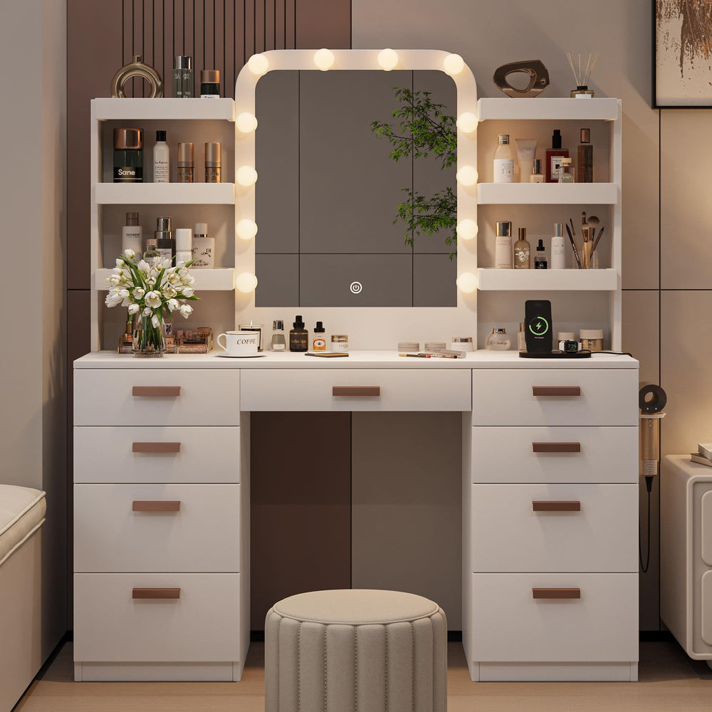Makeup Vanity Table with LED Mirror, 9 Drawers & 6 Shelves