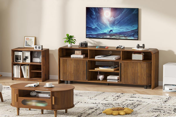 Fluted TV Stand with Sliding Doors & Adjustable Shelves