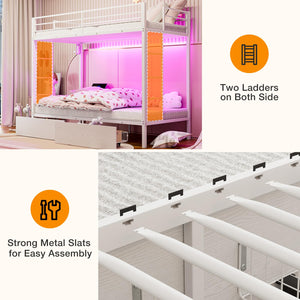 Twin XL Over Twin XL Metal Bunk Bed with LED Lights & Storage Drawers
