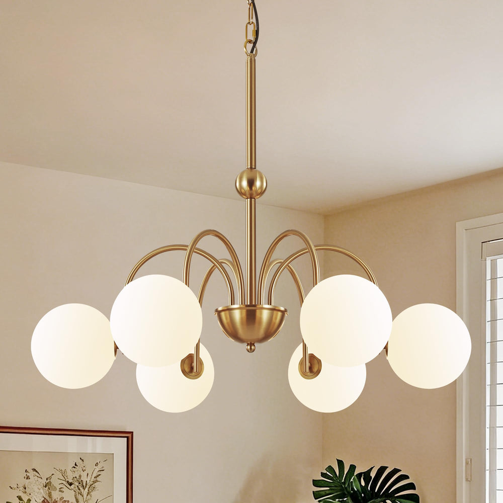 6-Light Brushed Gold Globe Chandelier with Milk Glass Shades