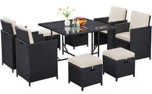 9-Piece Outdoor Patio Dining Set with Glass Table & Rattan Chairs