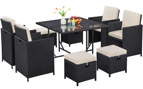 9-Piece Outdoor Patio Dining Set with Glass Table & Rattan Chairs