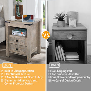 Farmhouse Nightstand with Charging Station, 2 Drawers & Open Shelf