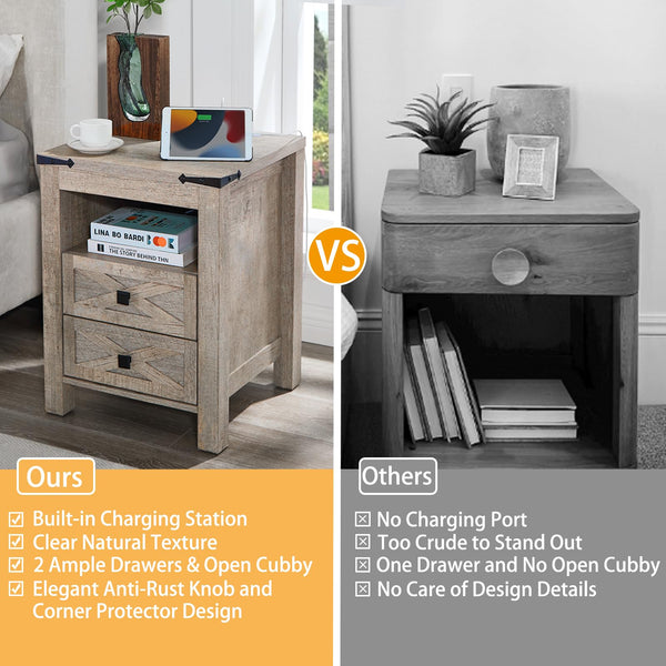 Farmhouse Nightstand with Charging Station, 2 Drawers & Open Shelf