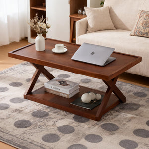 Solid Oak 2-Tier Coffee Table with X-Shaped Base