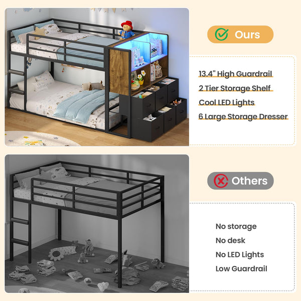 Twin Over Twin Bunk Bed with Storage & LED Lights