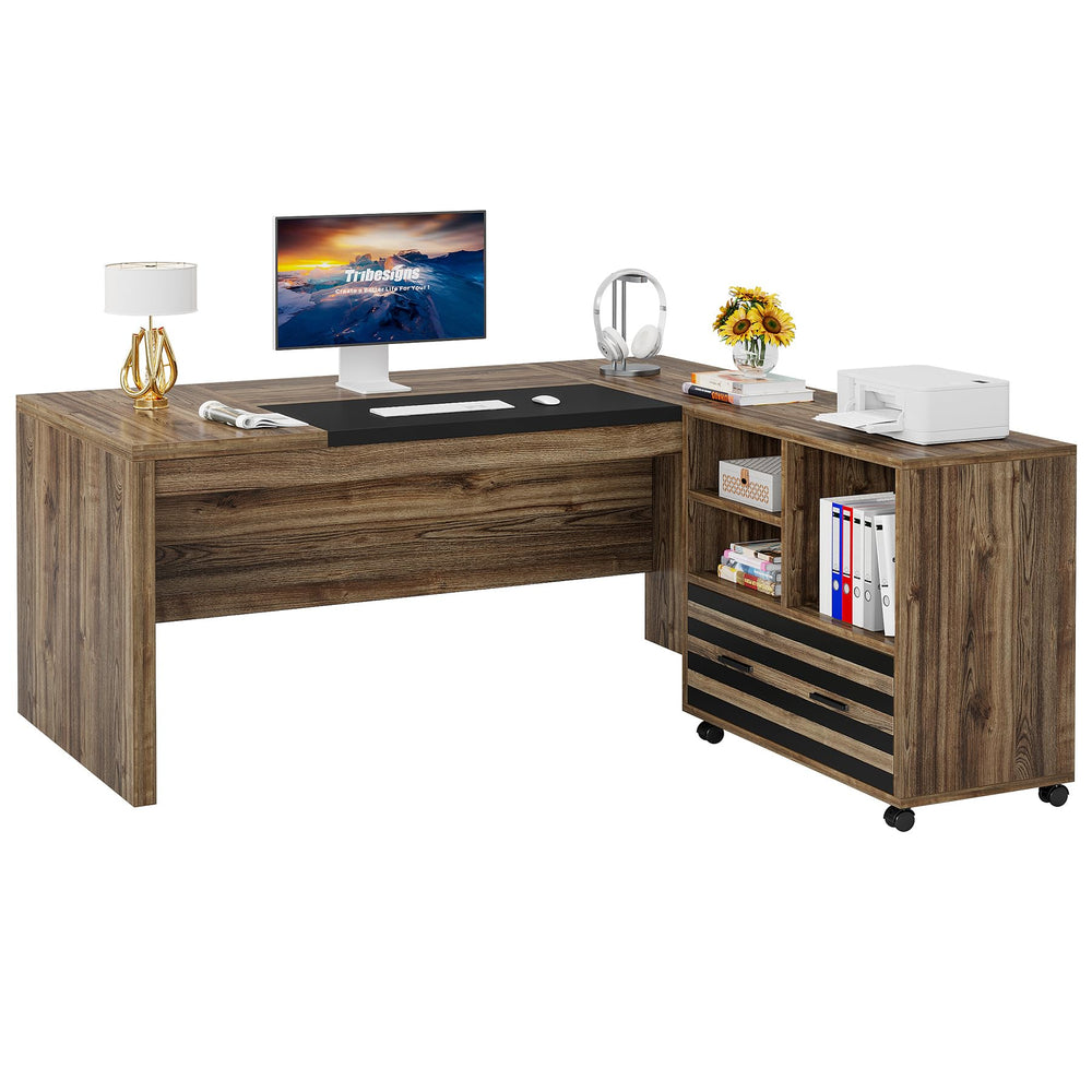 L-Shaped Executive Desk with Mobile File Cabinet and Storage Shelves