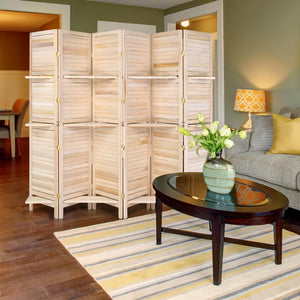 6-Panel Wood Room Divider with Shelves – 71" Tall Folding Privacy Screen