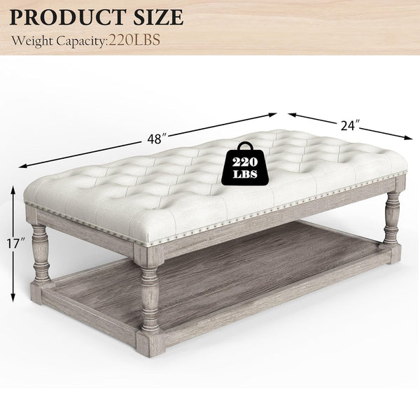 Rectangular Tufted Ottoman Coffee Table with Storage Shelf