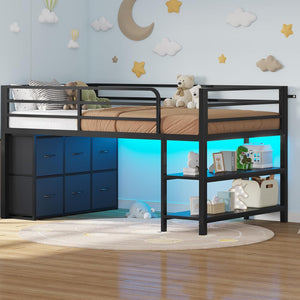Twin Low Loft Bed with LED Lights & Storage Drawers