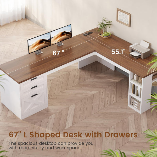 L-Shaped Desk with 3 Drawers, Storage Shelves & Power Outlets