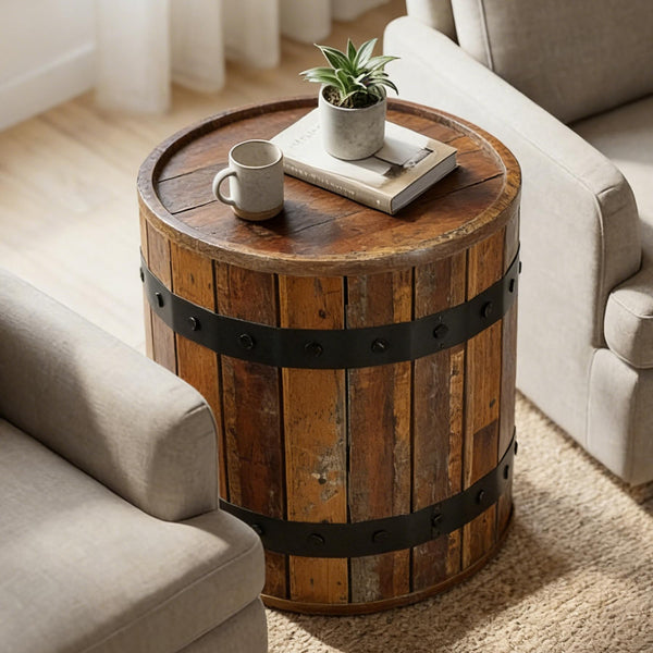 Farmhouse Barrel Side Table with Hidden Storage