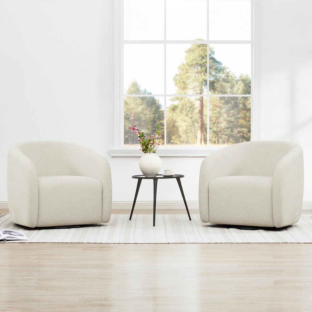 360° Swivel Accent Chair – Cream Fabric, Round Barrel Design