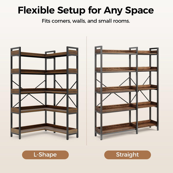 5-Tier L-Shaped Corner Bookshelf with Metal Frame
