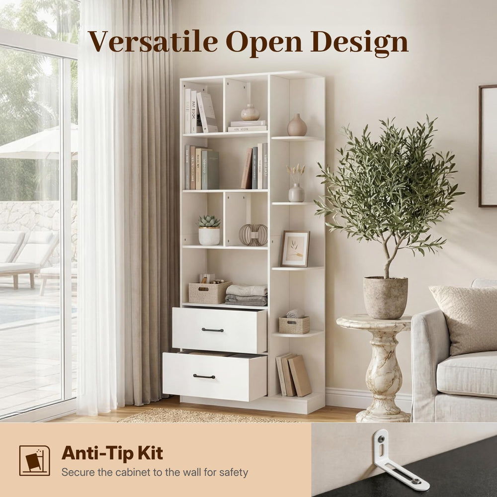 5-Tier Bookshelf with 2 Fabric Drawers – White & Black