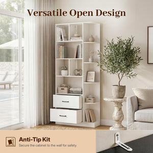 5-Tier Bookshelf with 2 Fabric Drawers – White & Black