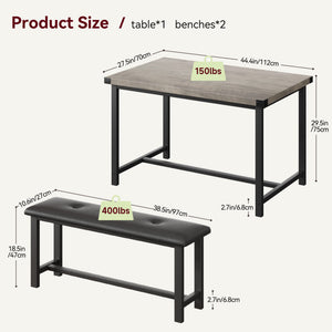 3-Piece Dining Table Set with 2 Upholstered Benches