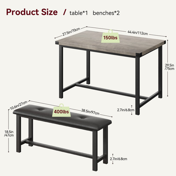 3-Piece Dining Table Set with 2 Upholstered Benches