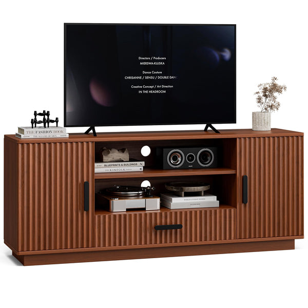 LCRBOL TV Stand for Living Room ＆ Bedroom, Mid Century Entertainment Center for Up to 70 Inch TV, Fluted TV Console with Storage Cabinets ＆ Drawer, Walnut