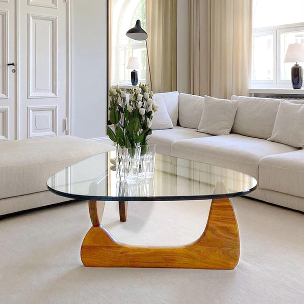 Triangle Glass Coffee Table with Wood Legs