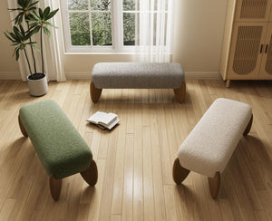 Bouclé Upholstered Bench with Scalloped Wooden Legs – 50 Inch