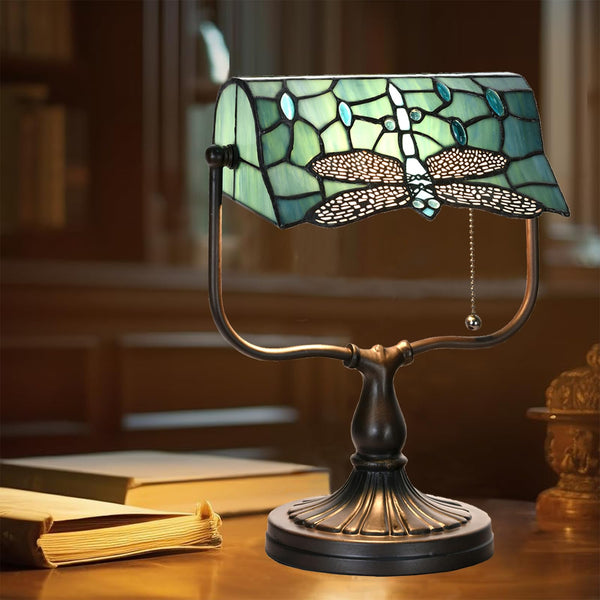 Dragonfly Tiffany Banker Desk Lamp – Stained Glass Green Shade