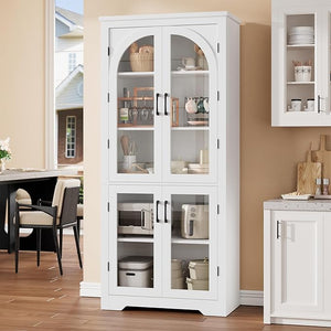 70" Tall Kitchen Pantry Cabinet with 4 Arched Glass Doors & Adjustable Shelves