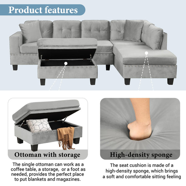 L-Shaped Sectional Sofa with Storage Ottoman & Reversible Chaise