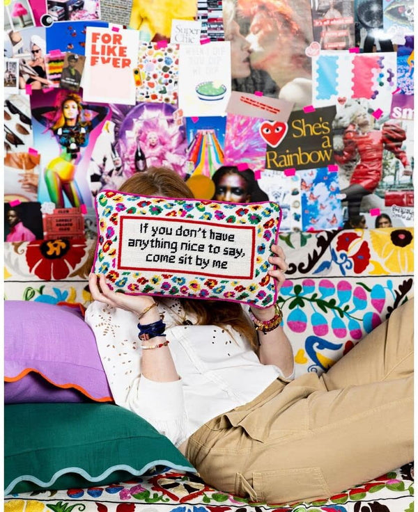 Needlepoint Throw Pillow – Come Sit by Me | 9" x 15" Pink Accent Pillow