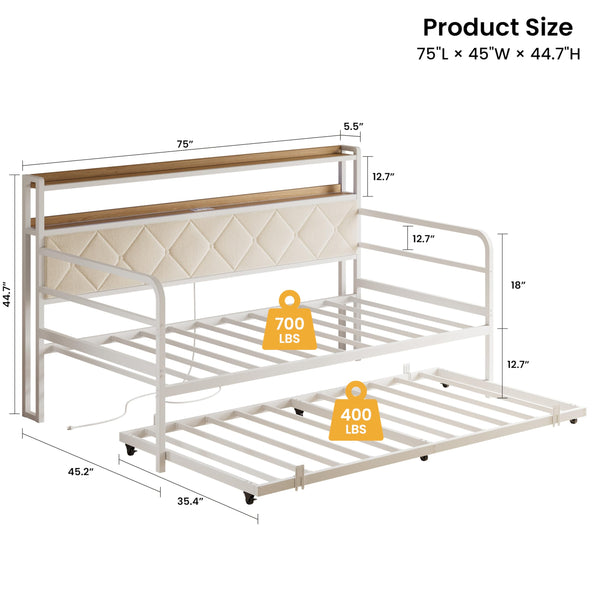 Twin Daybed with Trundle, LED Lights & Charging Station