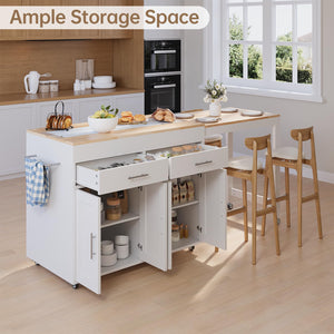 OtterOasis 78" Rolling Kitchen Island with Extendable Dining Table, Mobile Island with Storage for 2, Farmhouse Wood 4-Door Cabinet for Kitchen & Dining Room, White
