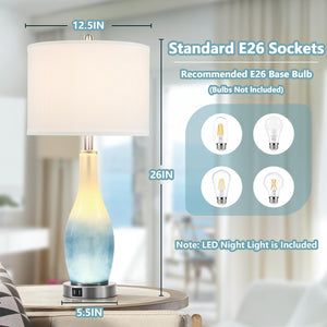 26in Tall Glass Table Lamps Set of 2 with USB Ports & LED Nightlight