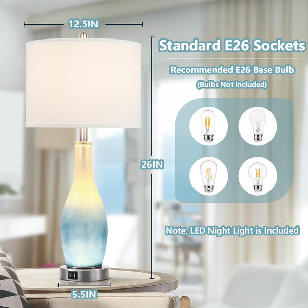 26in Tall Glass Table Lamps Set of 2 with USB Ports & LED Nightlight