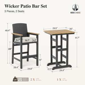 3-Piece Outdoor Patio Bar Set with Wicker Bar Stools and HDPE Bar Table