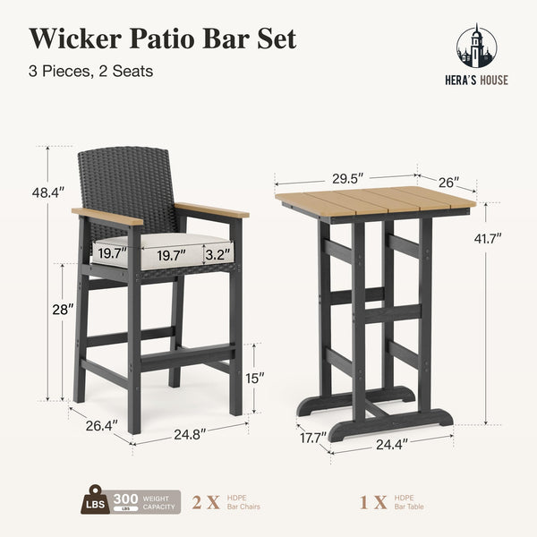 3-Piece Outdoor Patio Bar Set with Wicker Bar Stools and HDPE Bar Table
