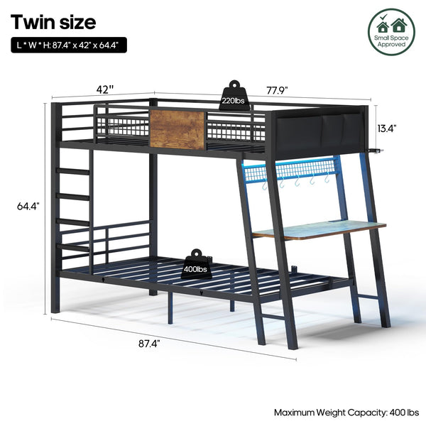 Twin Over Twin Bunk Bed with Desk, LED Lights & Power Outlets