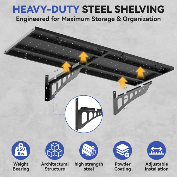 Heavy Duty Wall Mounted Garage Shelves with Hooks – 2-Pack