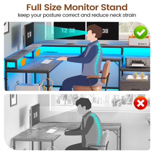 L-Shaped Corner Desk with File Drawer, LED Lights & Monitor Shelf