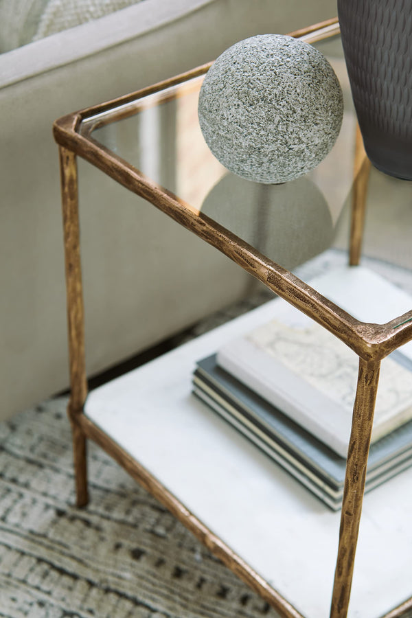 Glass Top Accent Table with Marble Shelf & Metal Frame