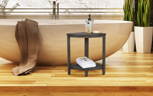 Corner Teak Wood Shower Bench with Two-Tier Shelf