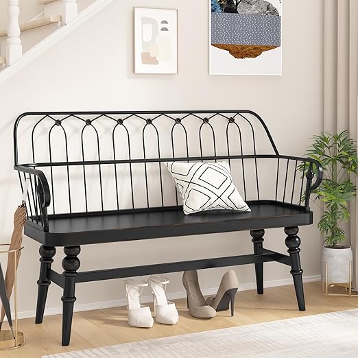 Farmhouse Entryway Bench with Spindle Back