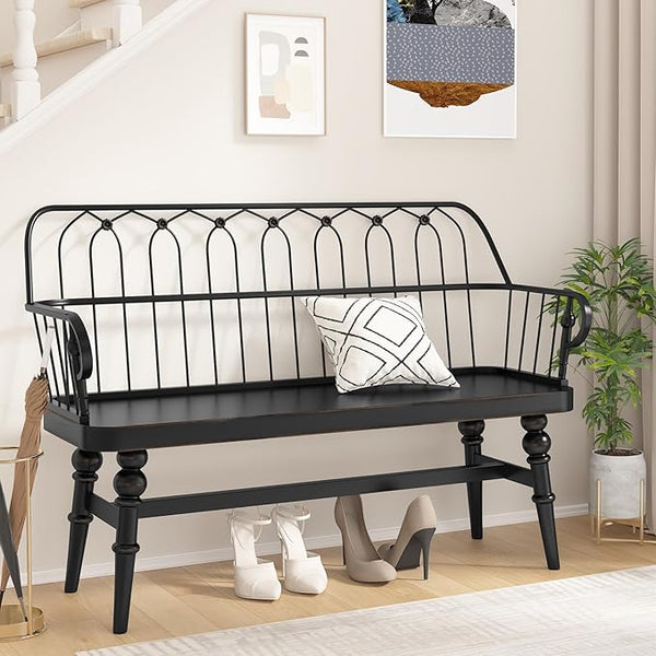 Farmhouse Spindle Back Bench with Armrests & Back Support
