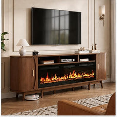 70" Fluted Fireplace TV Stand – Mid Century Modern, Oak & Walnut